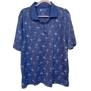Haggar Golf Polo Mens XL Shirt Palm Tree Print Blue Stretch Performance Tropical